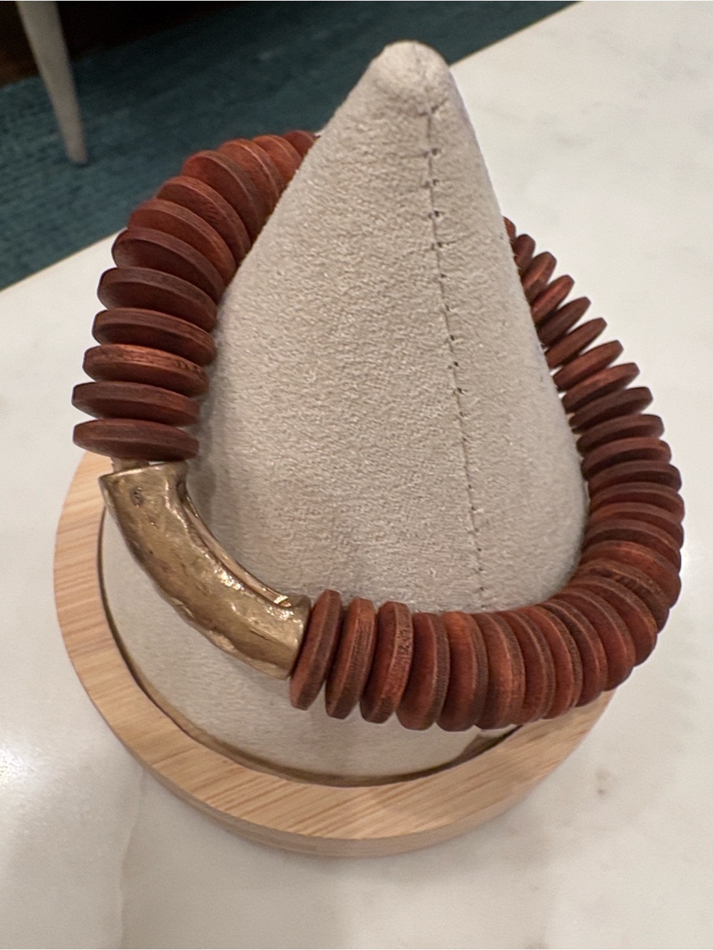 Chunky Wooden Disc Bracelet with Gold Accent - Brown